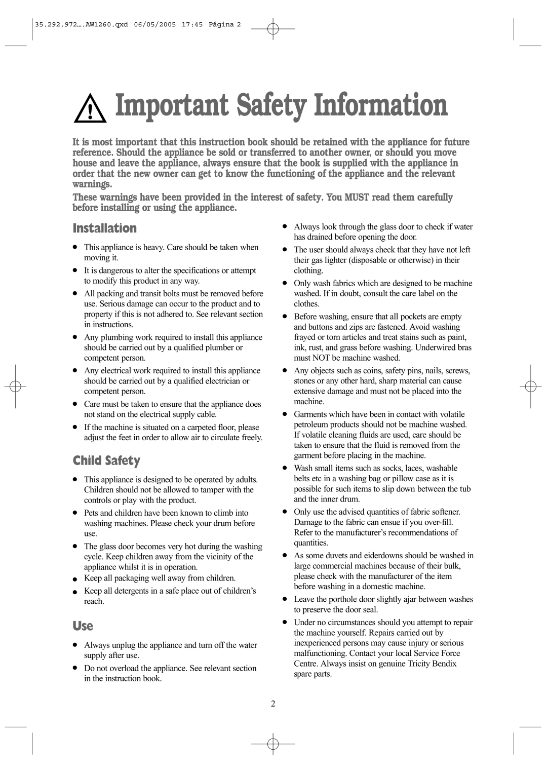 Tricity Bendix AW 1260 W installation instructions Important Safety Information, Installation, Child Safety, Use 