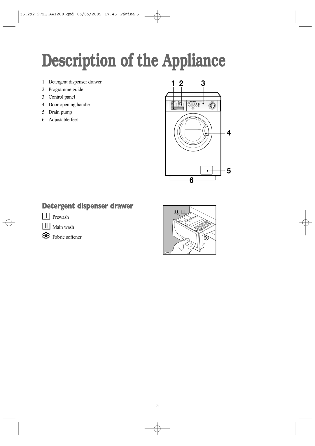 Tricity Bendix AW 1260 W Description of the Appliance, Detergent dispenser drawer, Prewash Main wash Fabric softener 