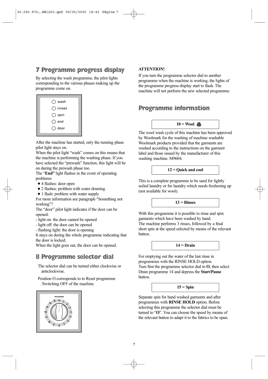 Tricity Bendix AW 1260 W Programme progress display, Programme selector dial, Programme information 