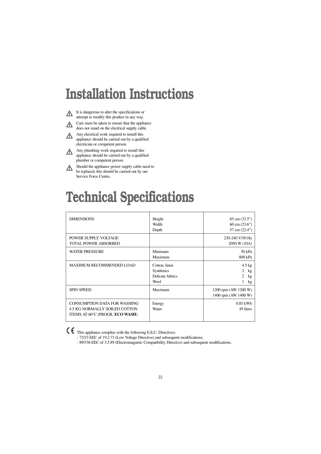 Tricity Bendix AW 1400 W, AW 1200 W installation instructions Installation Instructions, Technical Specifications 