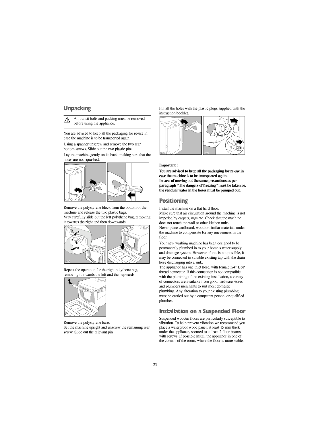 Tricity Bendix AW 1200 W, AW 1400 W installation instructions Unpacking, Positioning, Installation on a Suspended Floor 