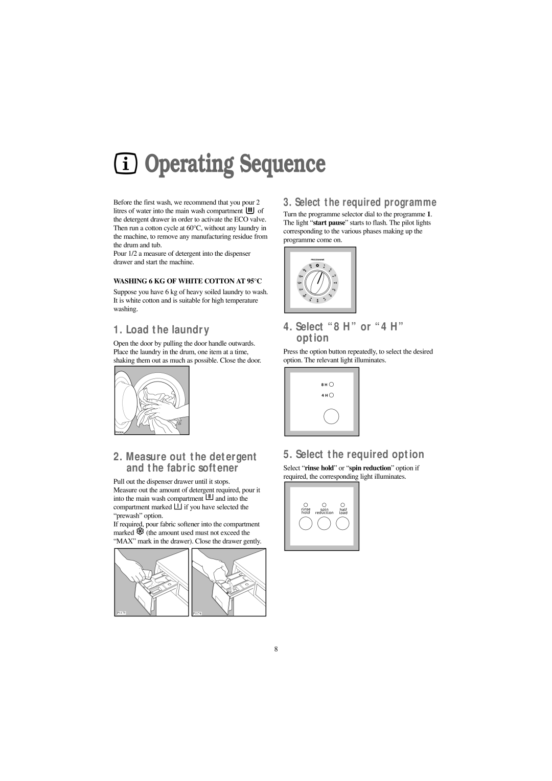 Tricity Bendix AW 1560 W Operating Sequence, Select the required programme, Load the laundry, Select 8 H or 4 H option 