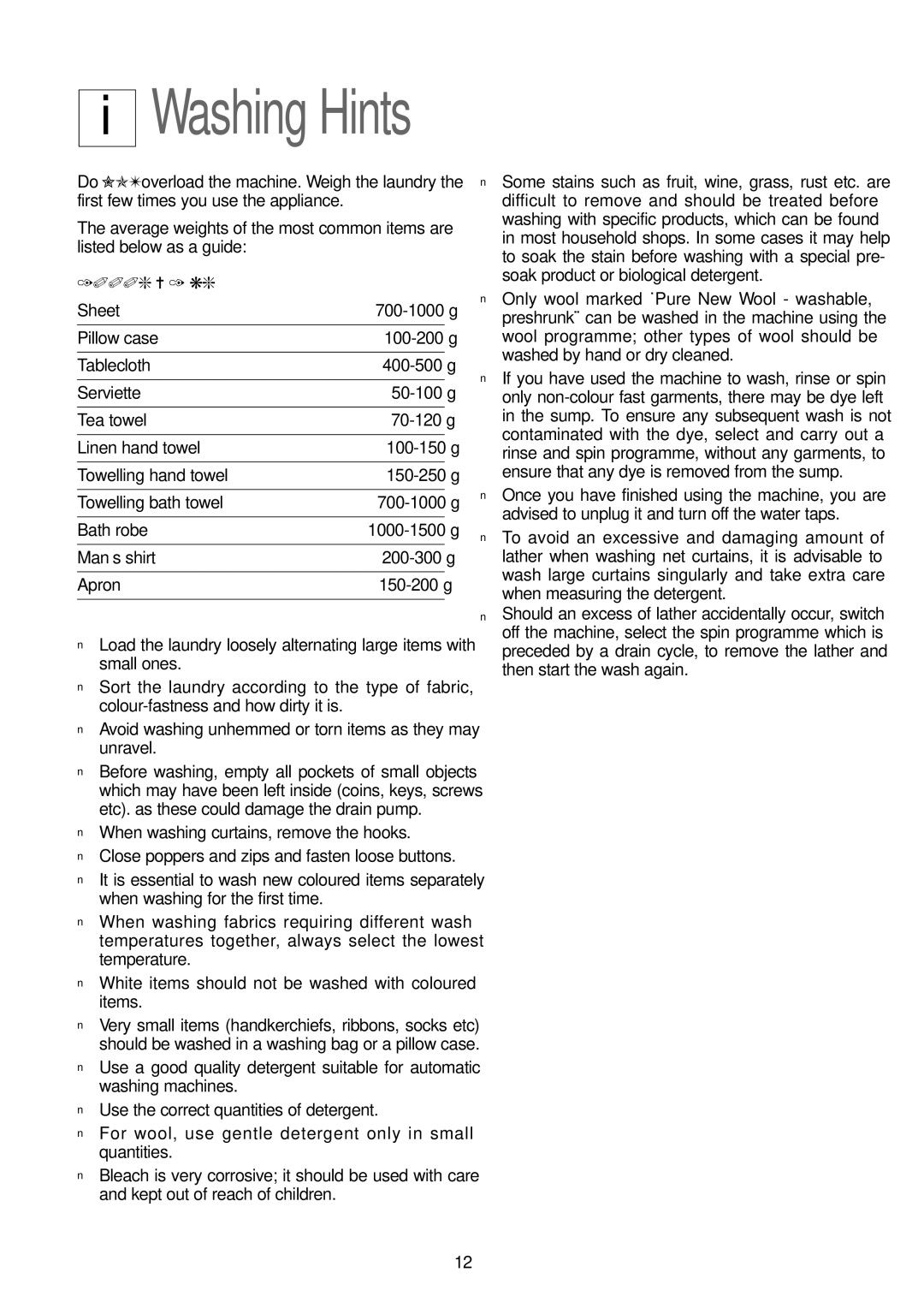 Tricity Bendix AW 700, AW 851 S installation instructions Washing Hints, 1000g = 1 kg 