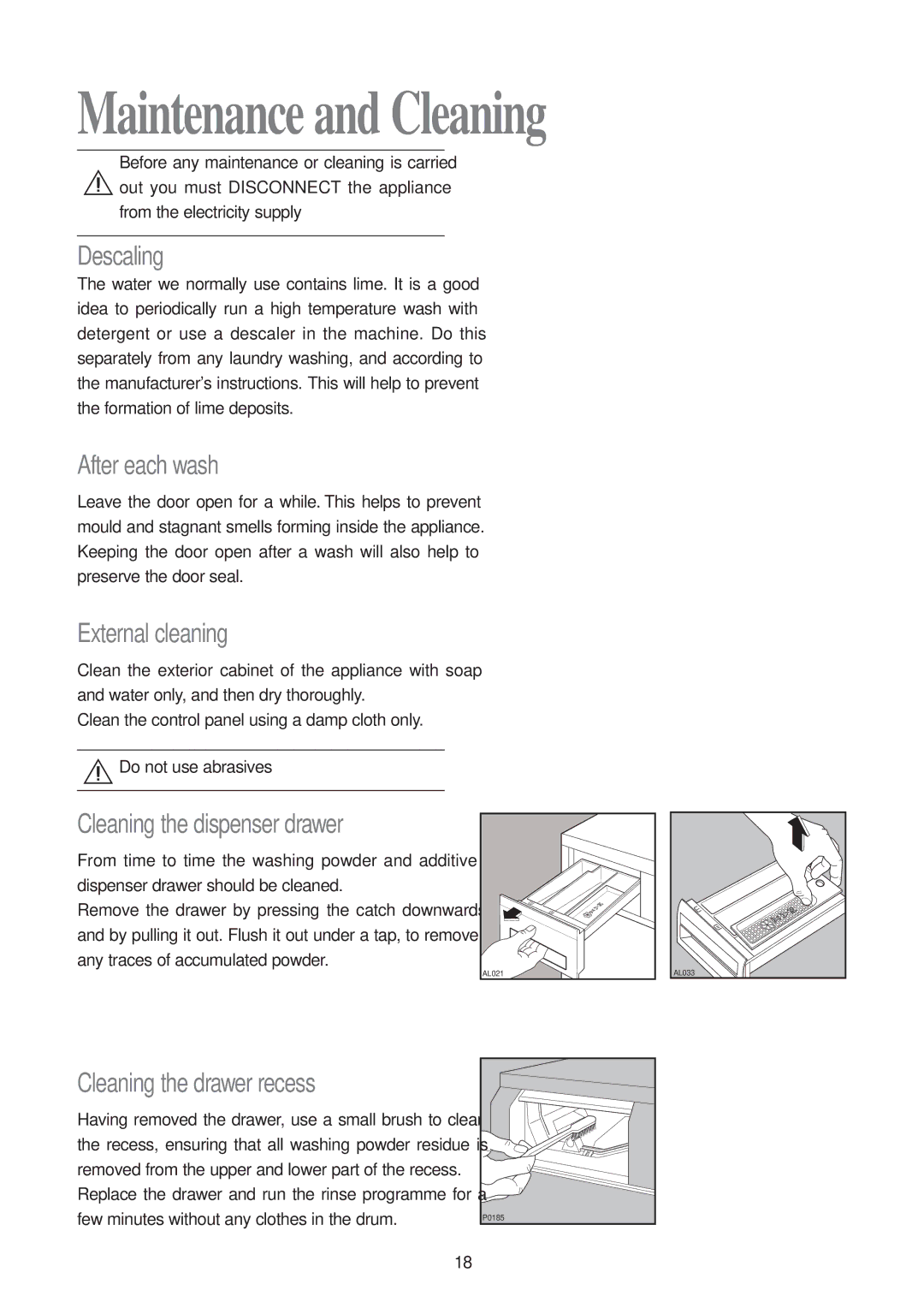 Tricity Bendix AW 700, AW 851 S installation instructions Maintenance and Cleaning 