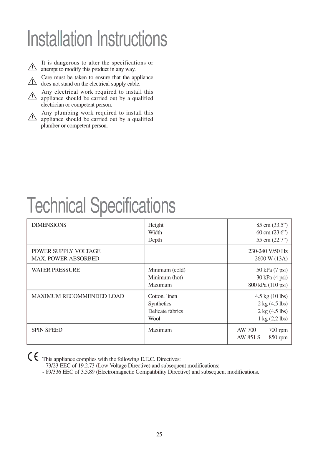 Tricity Bendix AW 851 S, AW 700 installation instructions Installation Instructions, Technical Specifications 