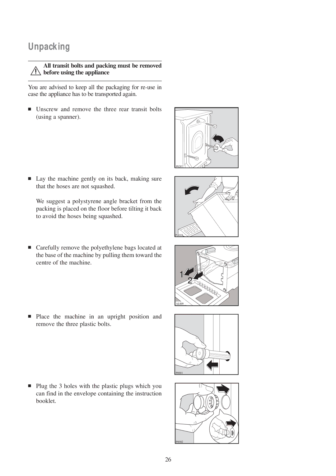 Tricity Bendix AW 700, AW 851 S installation instructions Unpacking 