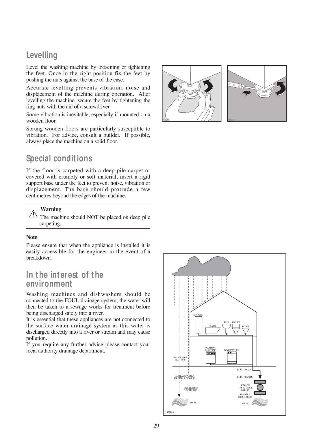 Tricity Bendix AW 851 S, AW 700 installation instructions Levelling, Special conditions 