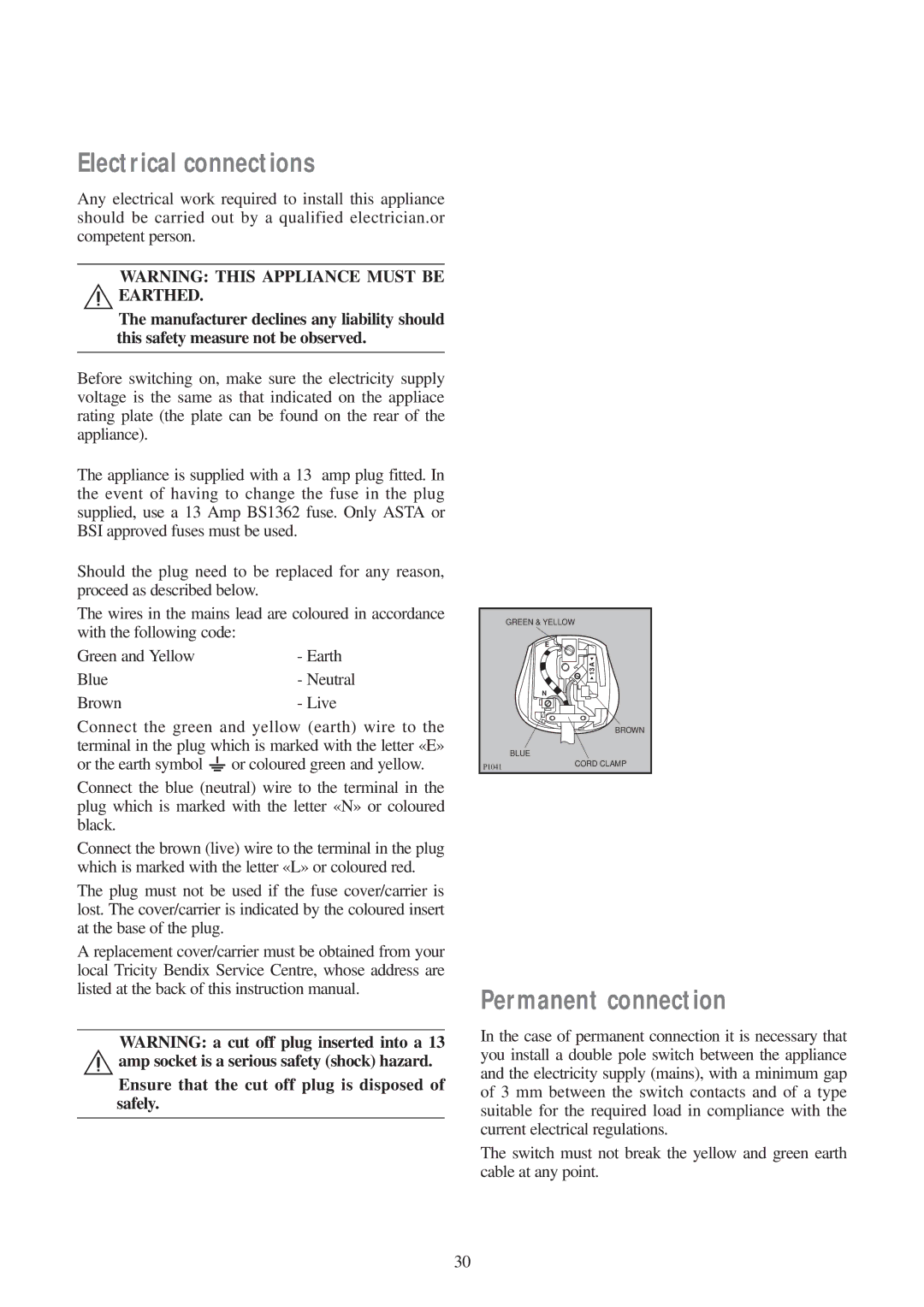 Tricity Bendix AW 700 Electrical connections, Permanent connection, Ensure that the cut off plug is disposed of safely 