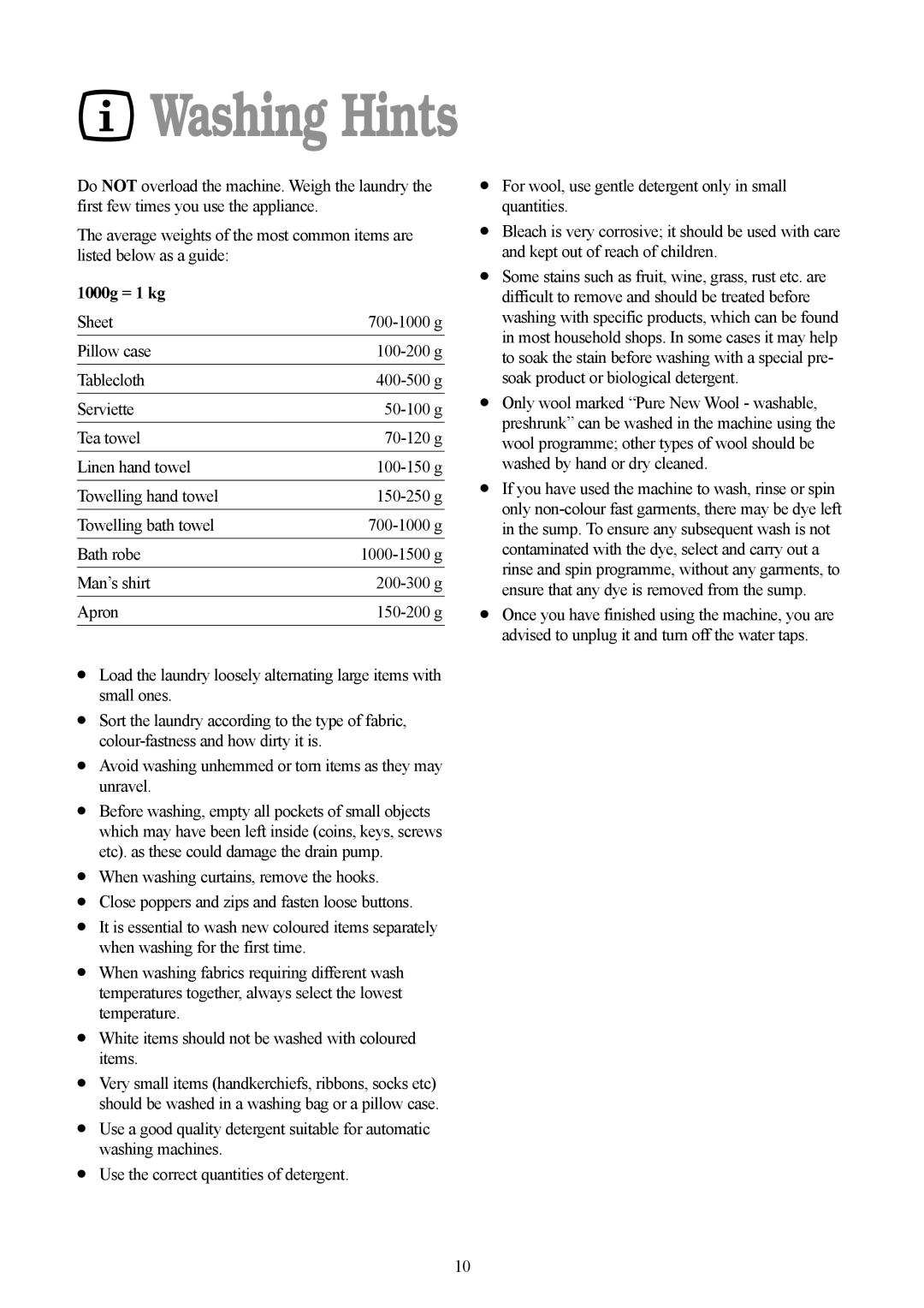 Tricity Bendix AW 850 W, AW 1000 W installation instructions Washing Hints, 1000g = 1 kg 