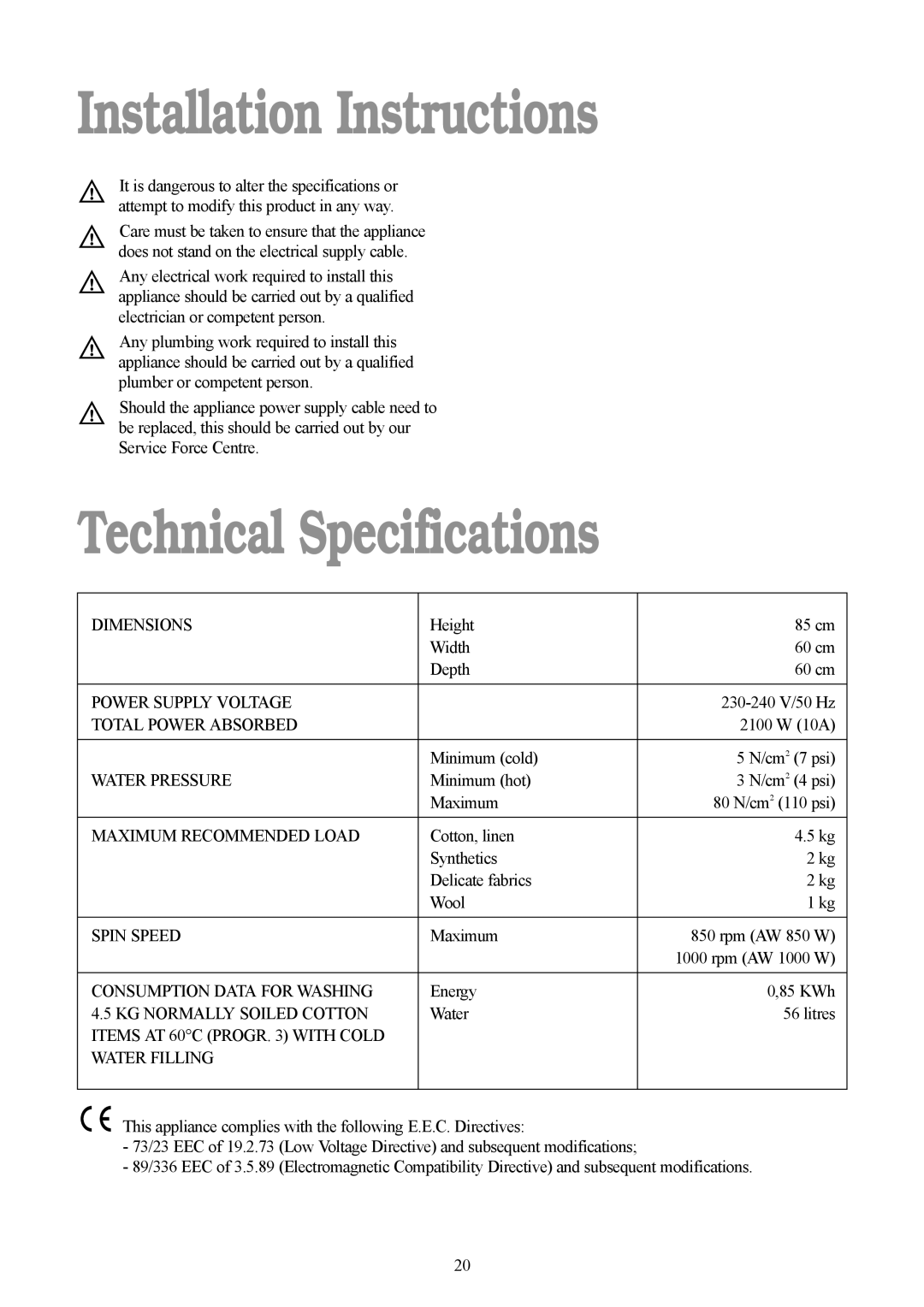 Tricity Bendix AW 850 W, AW 1000 W installation instructions Installation Instructions, Technical Specifications 