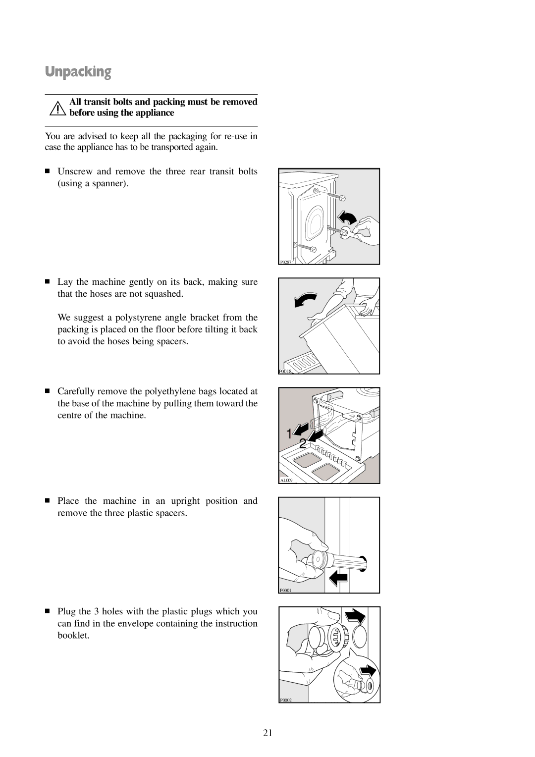 Tricity Bendix AW 1000 W, AW 850 W installation instructions Unpacking 