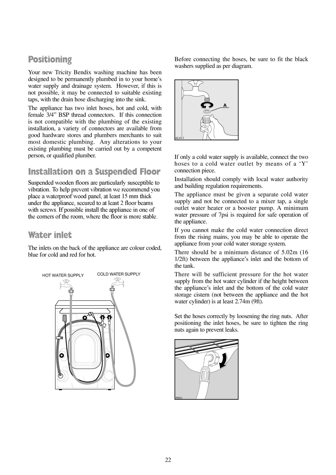 Tricity Bendix AW 850 W, AW 1000 W installation instructions Positioning, Water inlet 