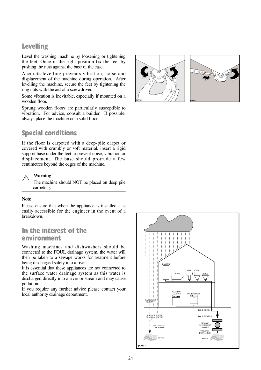 Tricity Bendix AW 850 W, AW 1000 W installation instructions Levelling, Special conditions, Interest of the environment 