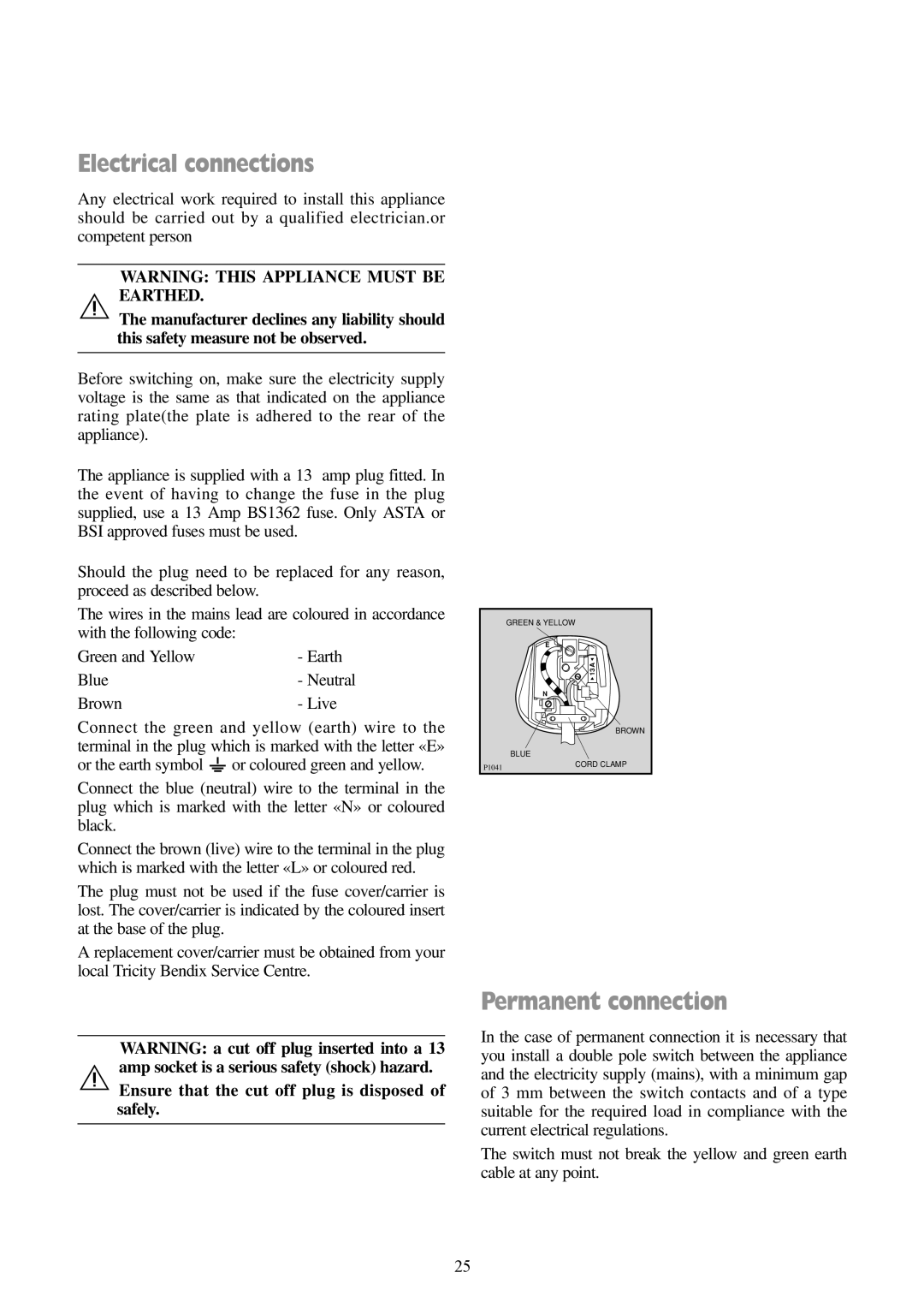 Tricity Bendix AW 1000 W Electrical connections, Permanent connection, Ensure that the cut off plug is disposed of safely 