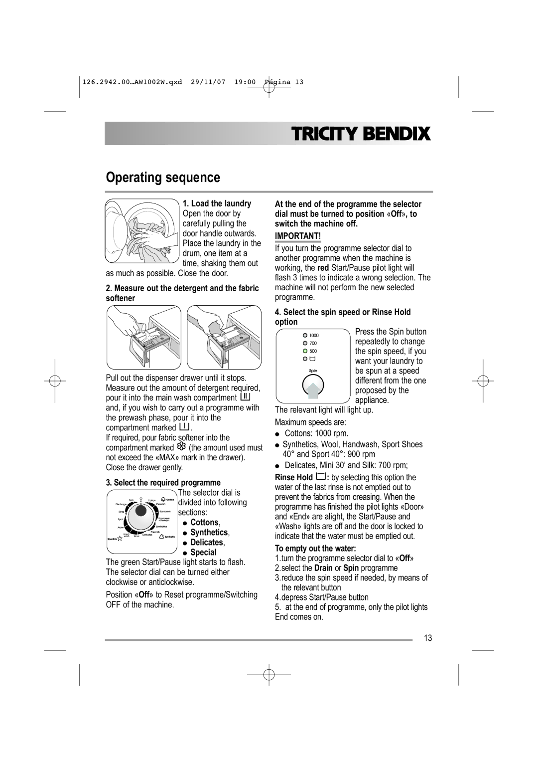 Tricity Bendix AW1002 W user manual Operating sequence 