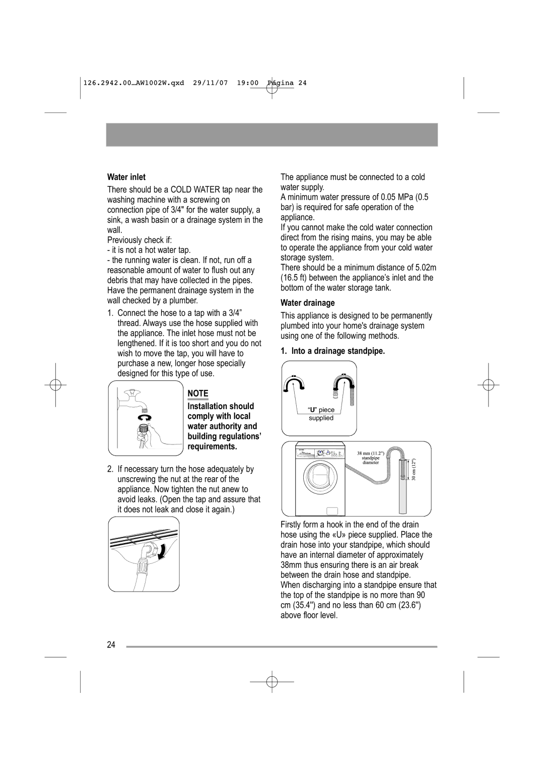 Tricity Bendix AW1002 W user manual Water inlet, Water drainage, Into a drainage standpipe 