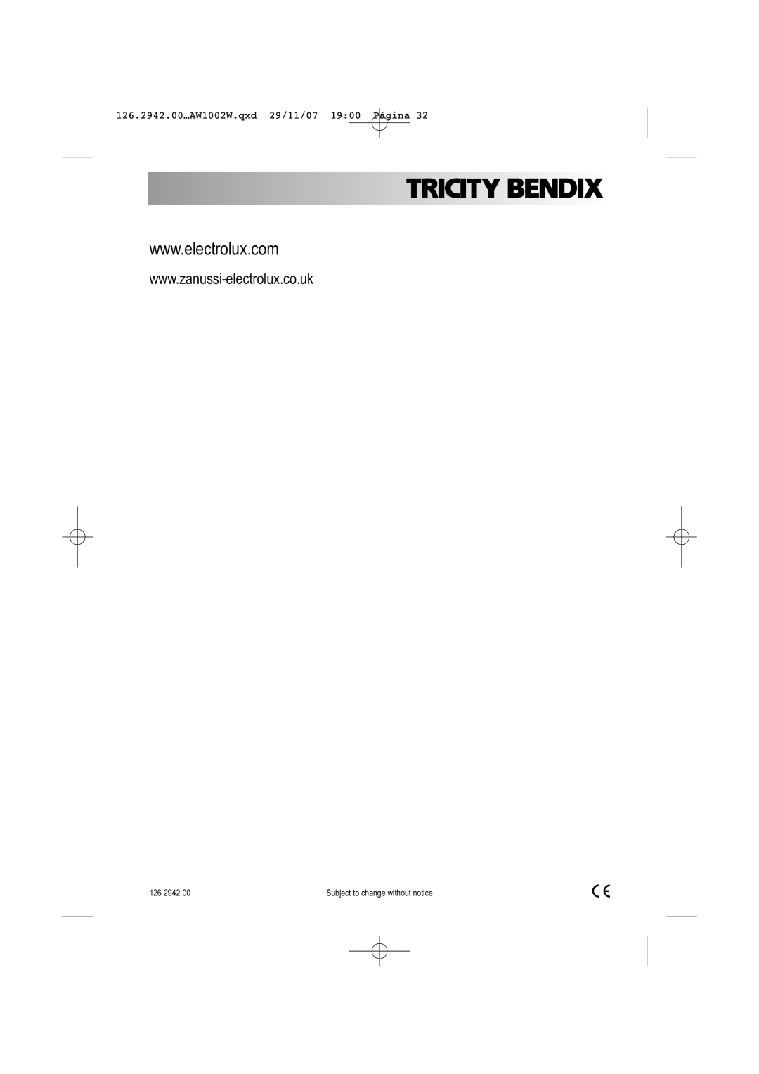 Tricity Bendix AW1002 W user manual 126 2942 Subject to change without notice 