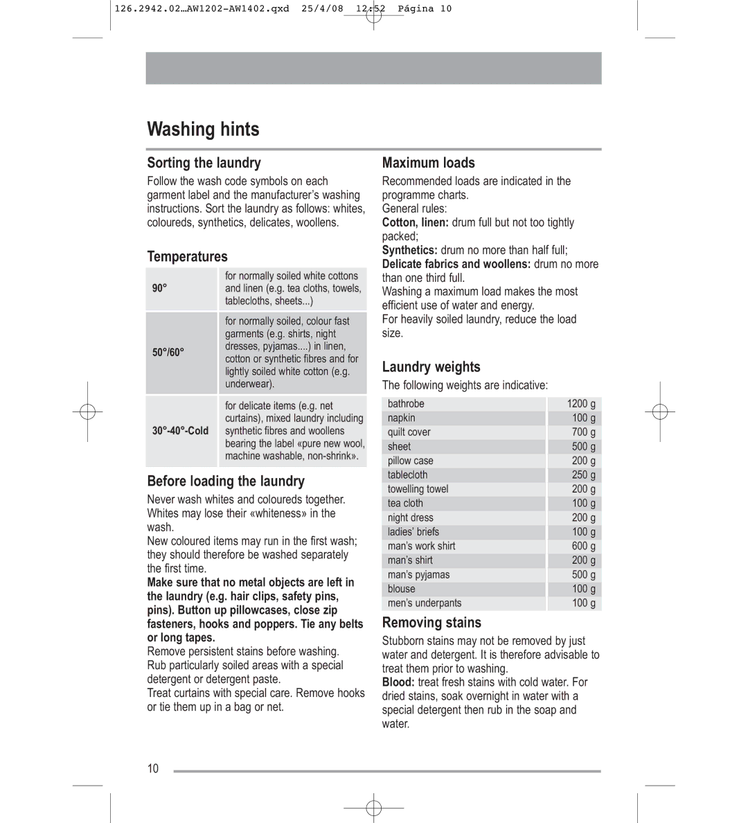 Tricity Bendix AW1402W, AW1202W user manual Washing hints 