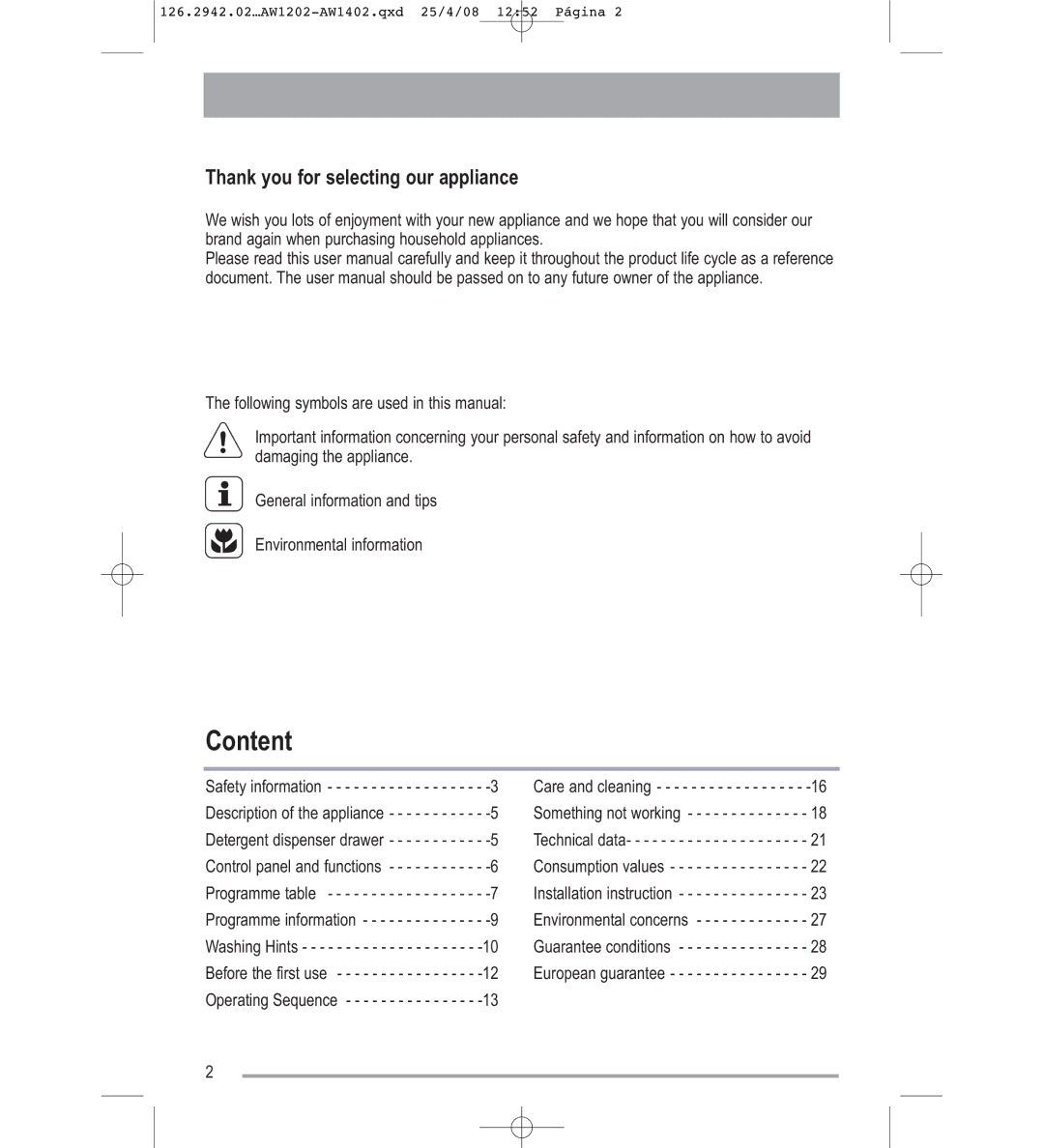 Tricity Bendix AW1402W, AW1202W user manual Content, Thank you for selecting our appliance 