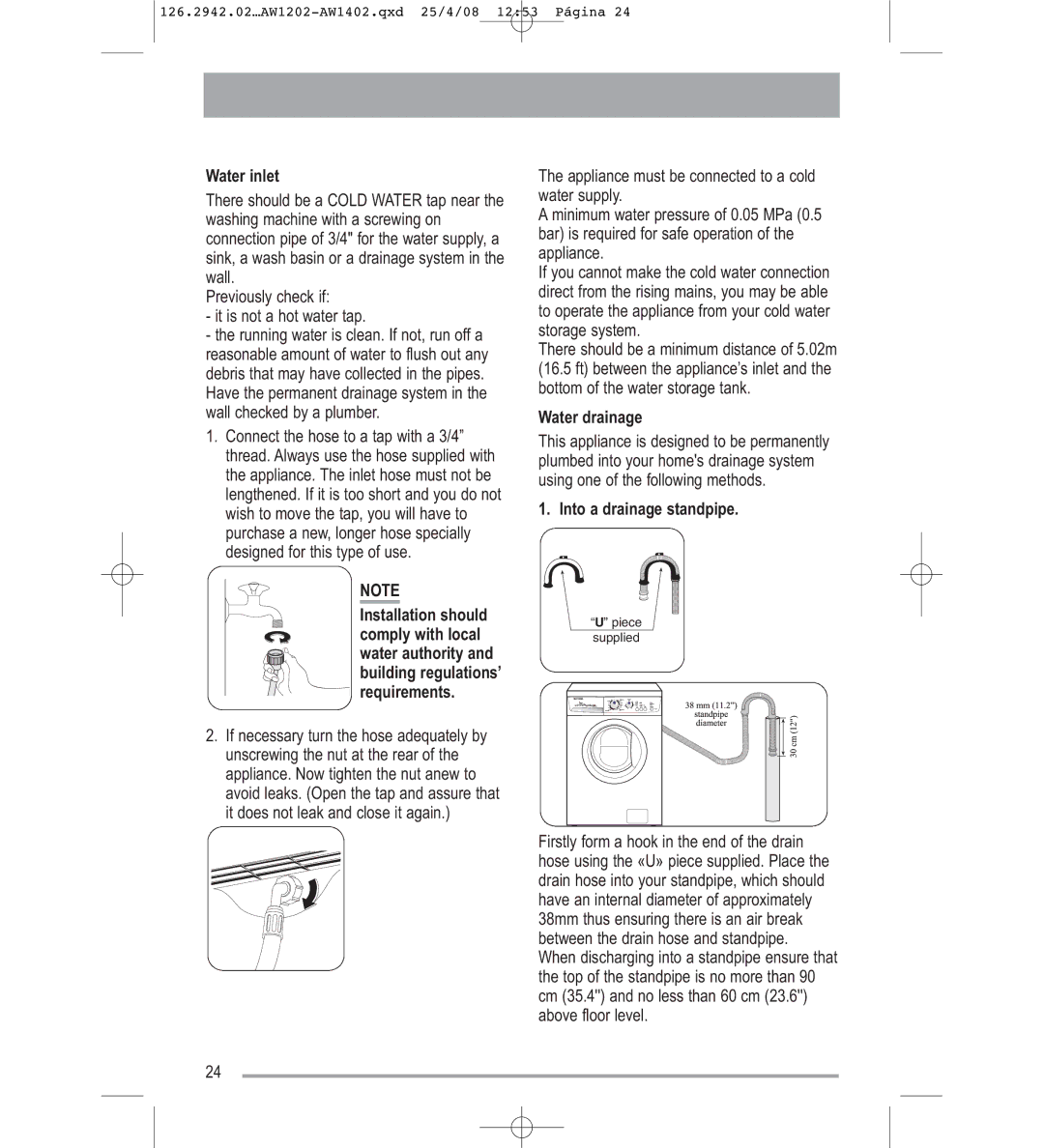 Tricity Bendix AW1402W, AW1202W user manual Water inlet, Water drainage, Into a drainage standpipe 