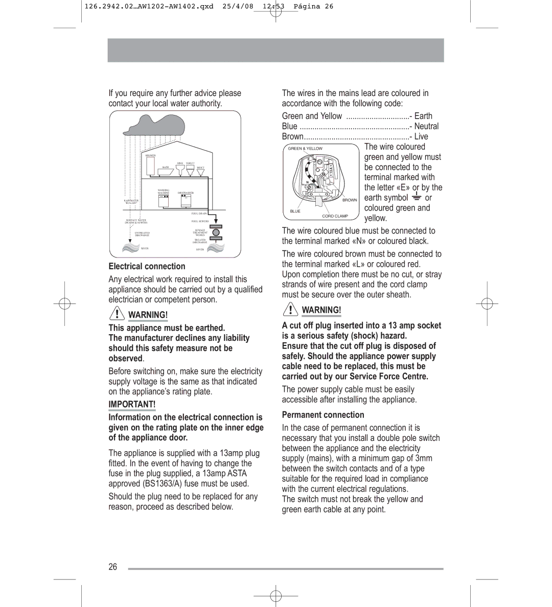 Tricity Bendix AW1402W, AW1202W user manual Electrical connection, Permanent connection 