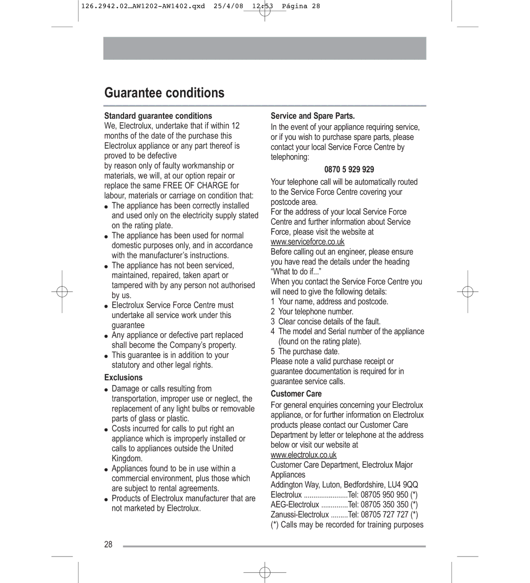 Tricity Bendix AW1402W, AW1202W user manual Guarantee conditions 