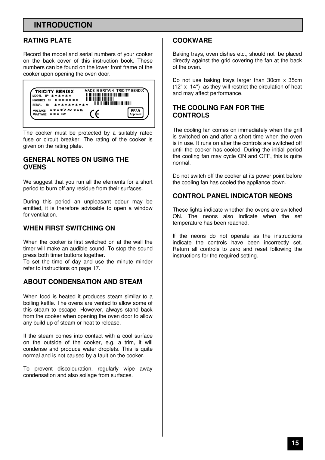 Tricity Bendix BD 911 Rating Plate, General Notes on Using the Ovens, When First Switching on, Cookware 