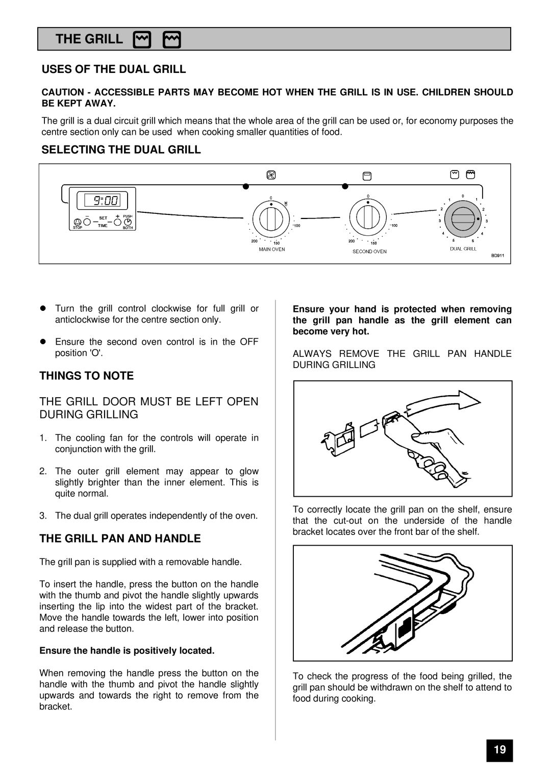 Tricity Bendix BD 911 installation instructions Uses of the Dual Grill, Selecting the Dual Grill, Grill PAN and Handle 