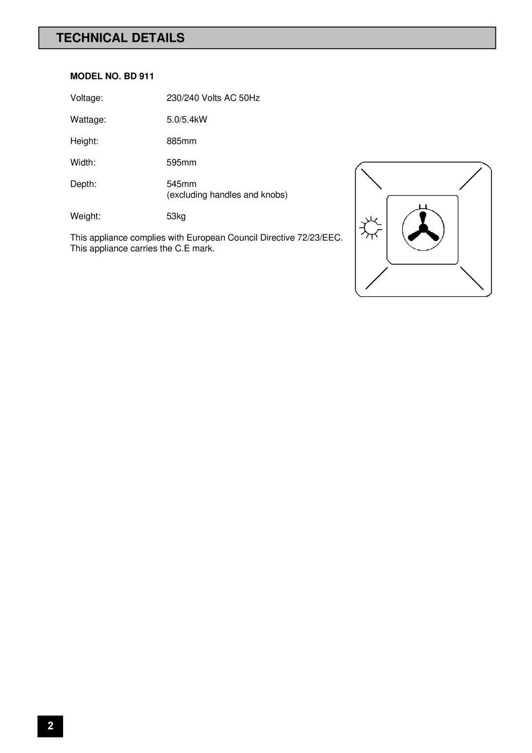 Tricity Bendix BD 911 installation instructions Technical Details, Model NO. BD 