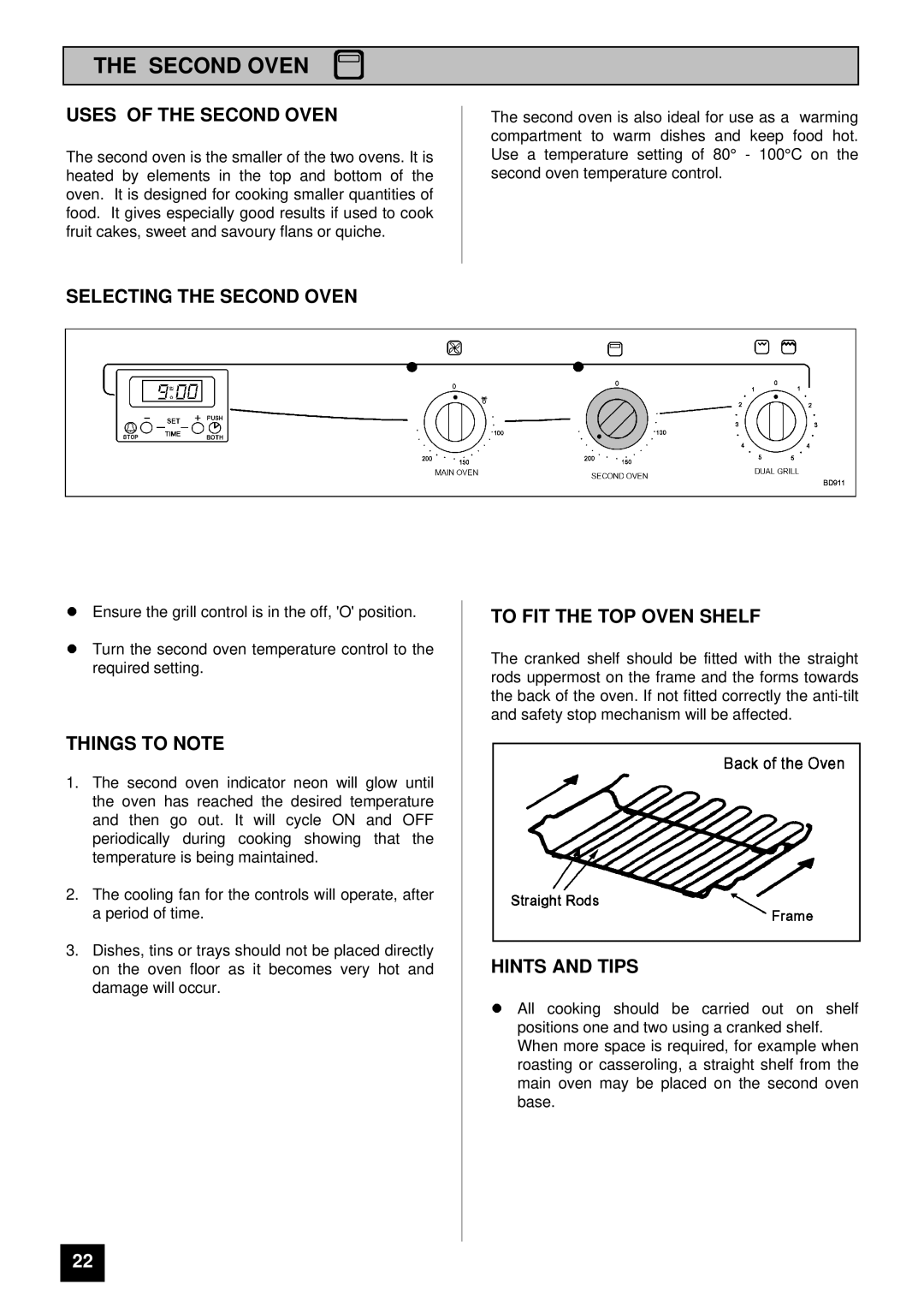 Tricity Bendix BD 911 Uses of the Second Oven, Selecting the Second Oven, To FIT the TOP Oven Shelf 