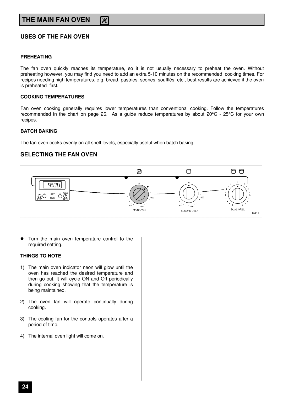 Tricity Bendix BD 911 installation instructions Main FAN Oven, Uses of the FAN Oven, Selecting the FAN Oven 