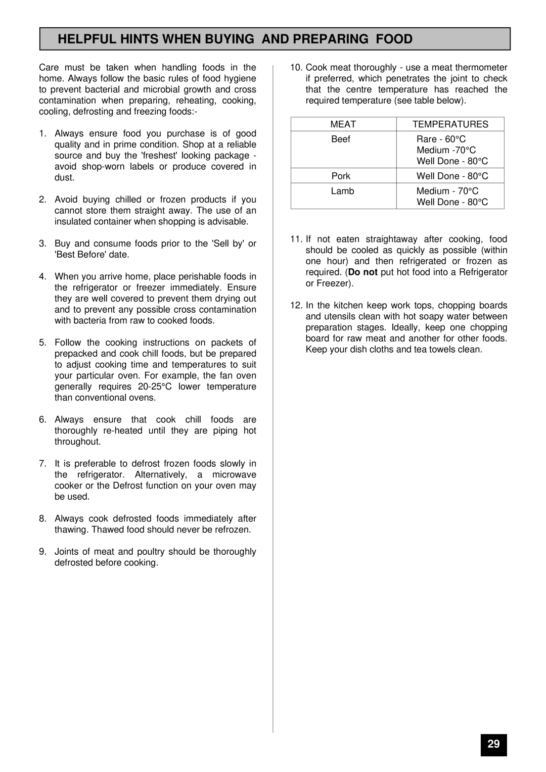 Tricity Bendix BD 911 installation instructions Helpful Hints When Buying and Preparing Food, Meat Temperatures 