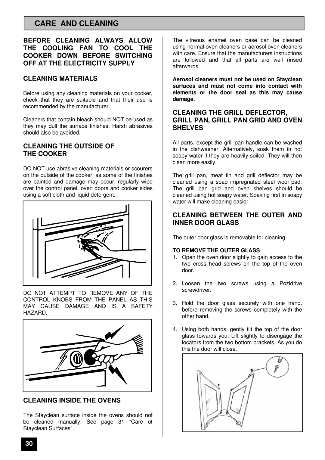 Tricity Bendix BD 911 Care and Cleaning, Cleaning the Outside Cooker, Cleaning Inside the Ovens, To Remove the Outer Glass 