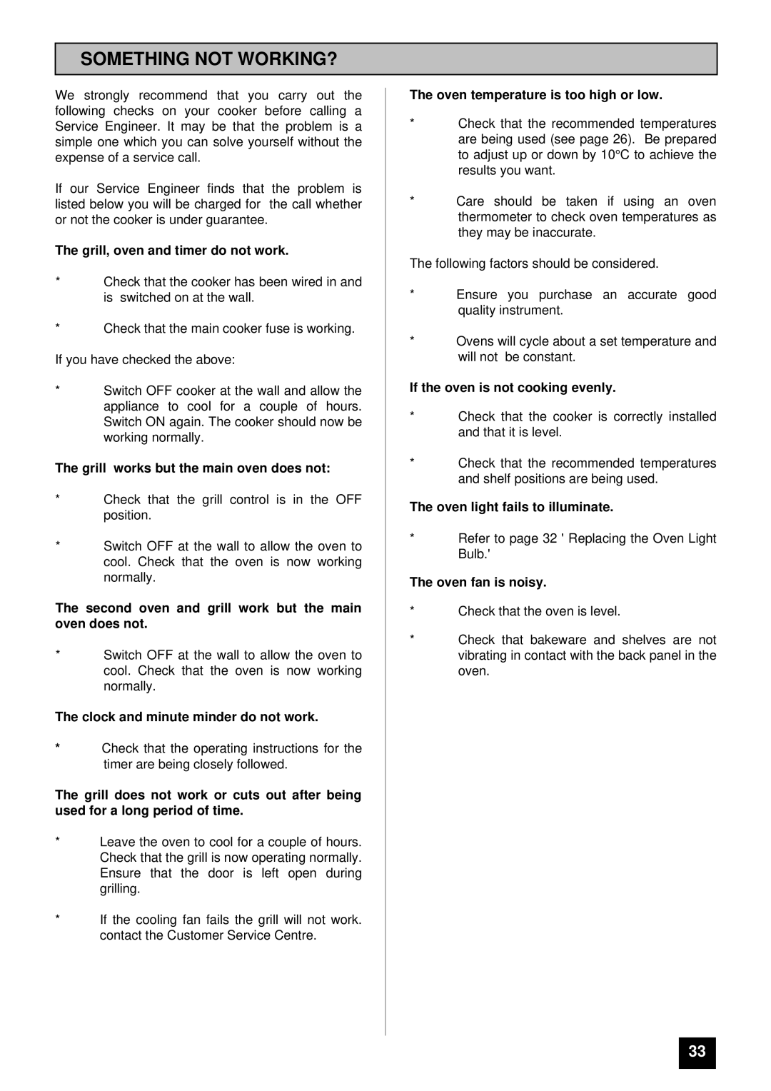 Tricity Bendix BD 911 installation instructions Something not WORKING?, Grill, oven and timer do not work 