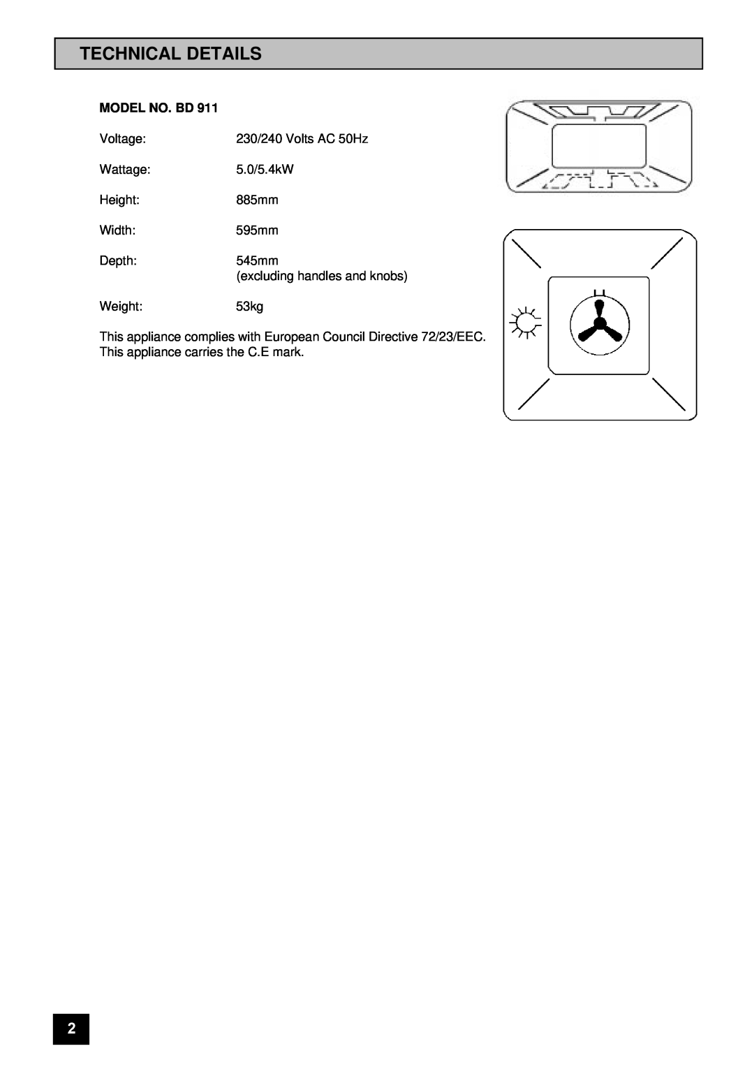 Tricity Bendix BD 911 installation instructions Technical Details, Model No. Bd 