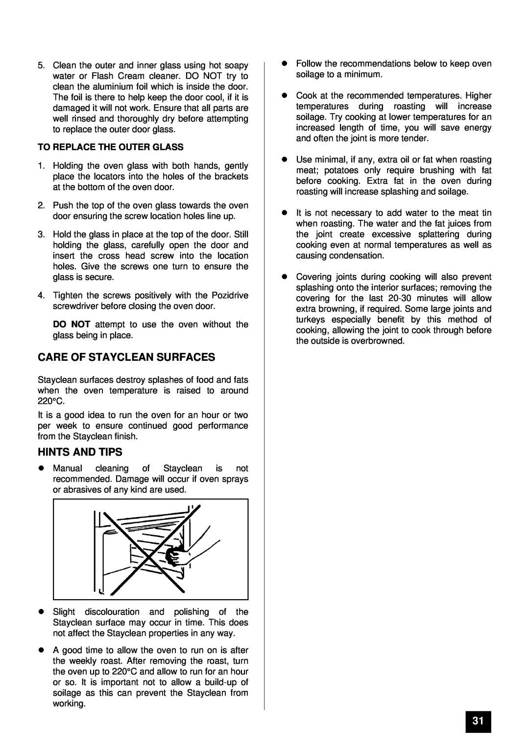 Tricity Bendix BD 911 installation instructions Care Of Stayclean Surfaces, lHINTS AND TIPS, To Replace The Outer Glass 