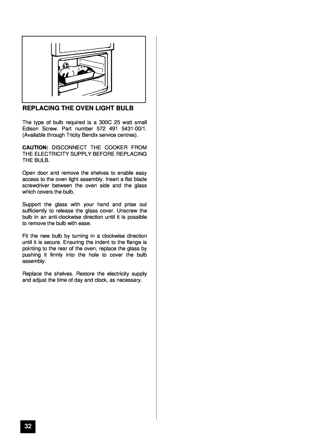 Tricity Bendix BD 911 installation instructions Replacing The Oven Light Bulb 
