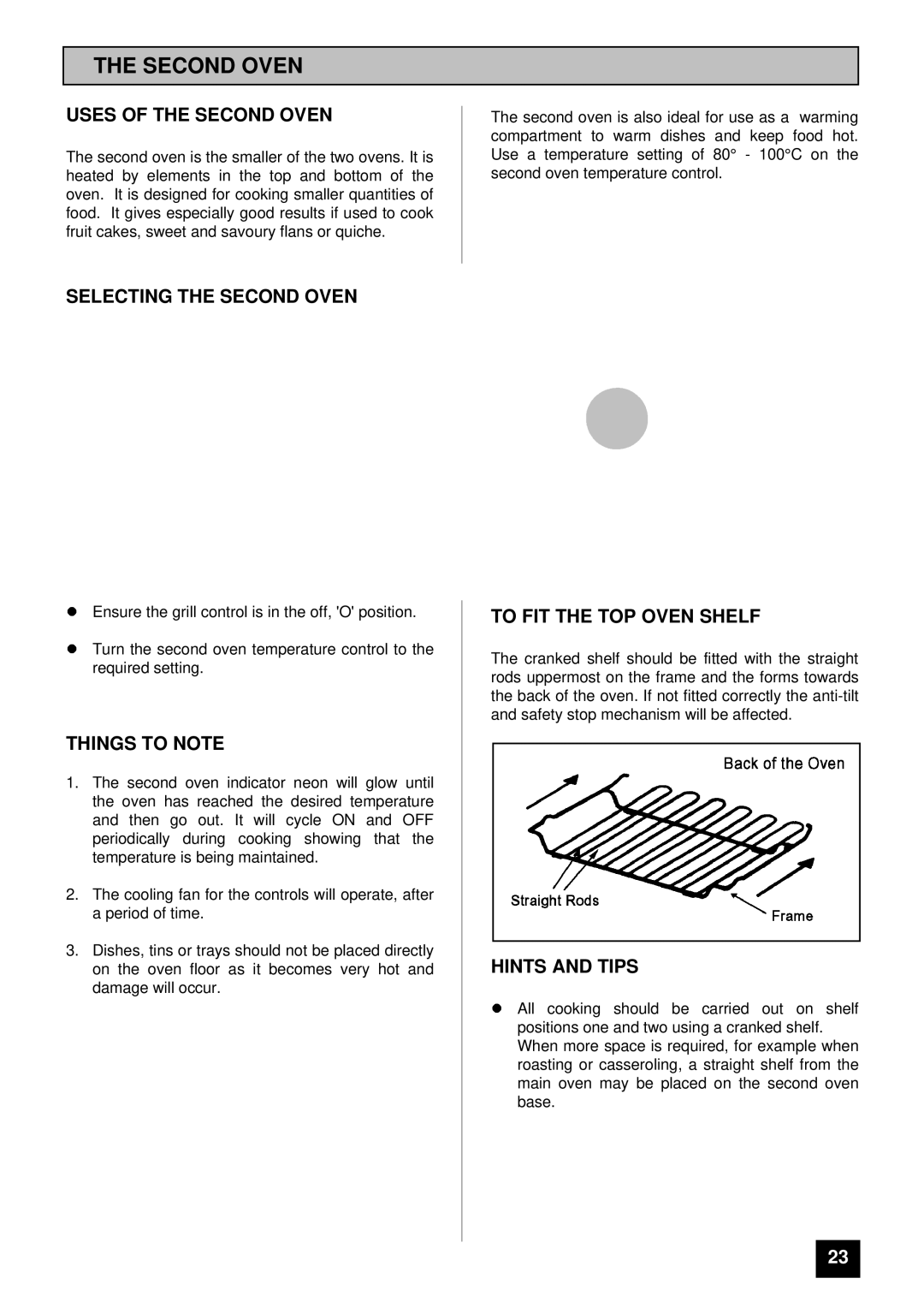 Tricity Bendix BD 912 Uses of the Second Oven, Selecting the Second Oven, To FIT the TOP Oven Shelf 