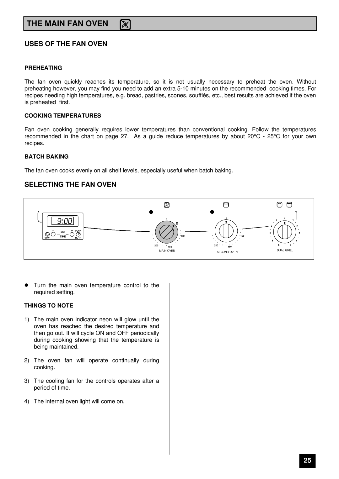 Tricity Bendix BD 912 installation instructions Main FAN Oven, Uses of the FAN Oven, Selecting the FAN Oven 