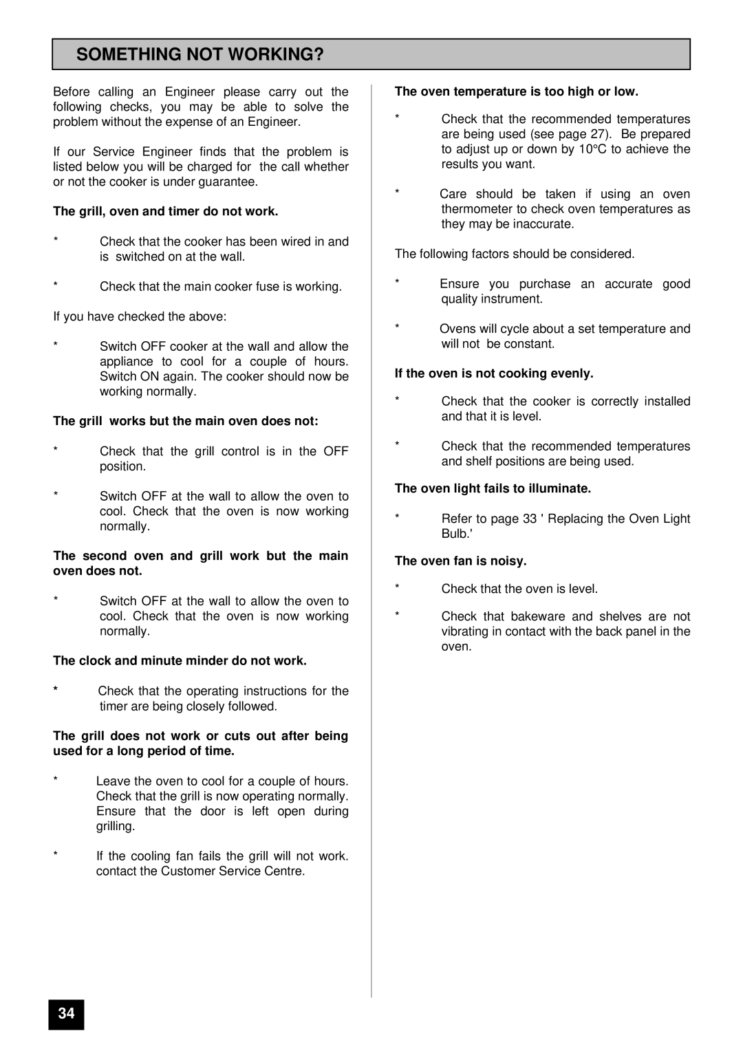 Tricity Bendix BD 912 installation instructions Something not WORKING?, Grill, oven and timer do not work 