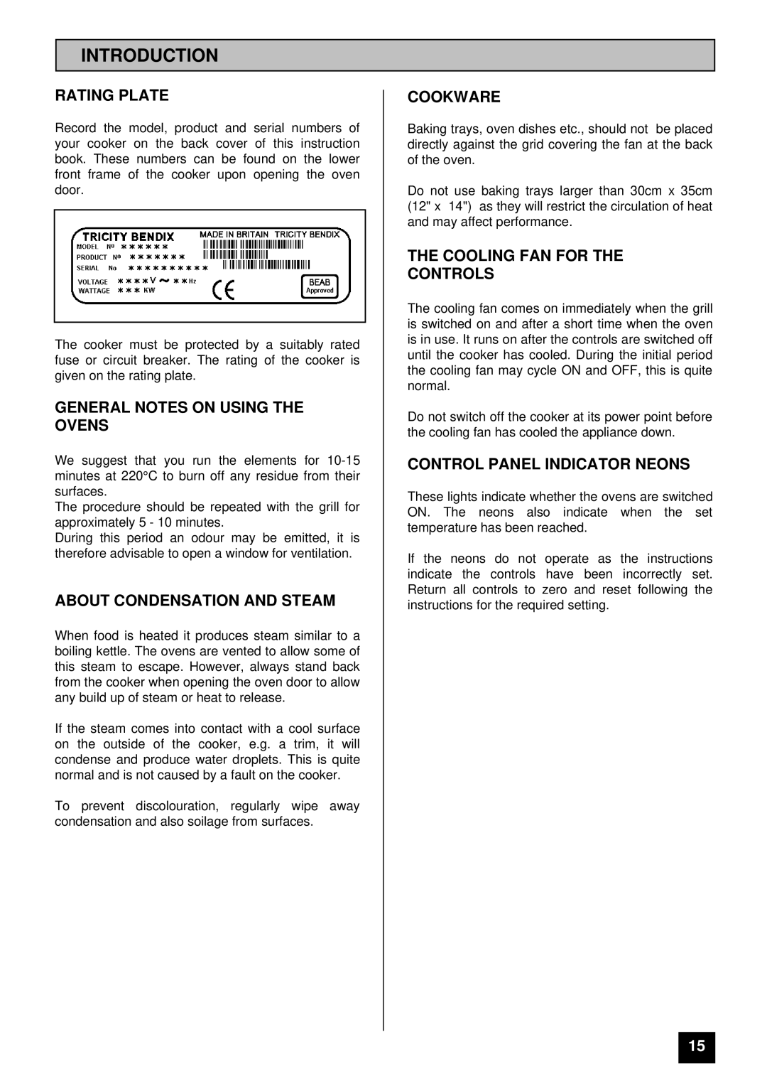 Tricity Bendix BD 912/2 Rating Plate, General Notes on Using the Ovens, About Condensation and Steam, Cookware 