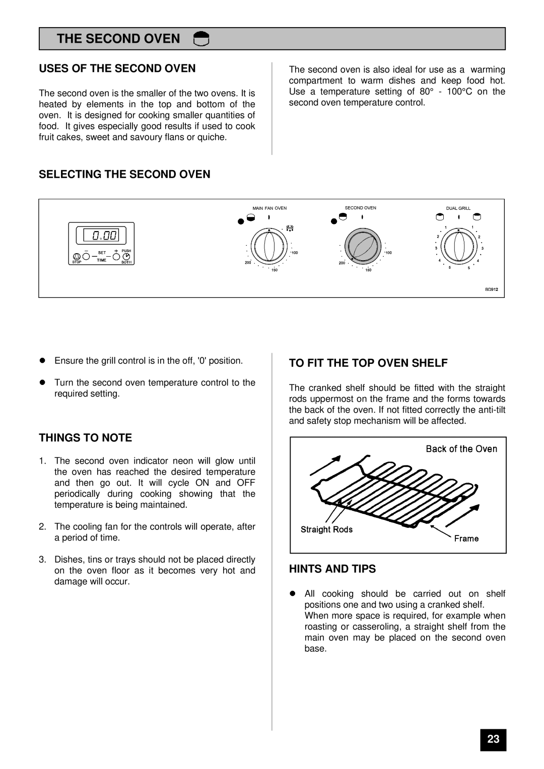 Tricity Bendix BD 912/2 Uses of the Second Oven, Selecting the Second Oven, To FIT the TOP Oven Shelf 