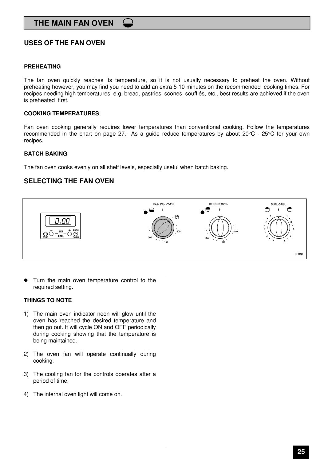 Tricity Bendix BD 912/2 installation instructions Main FAN Oven, Uses of the FAN Oven, Selecting the FAN Oven 