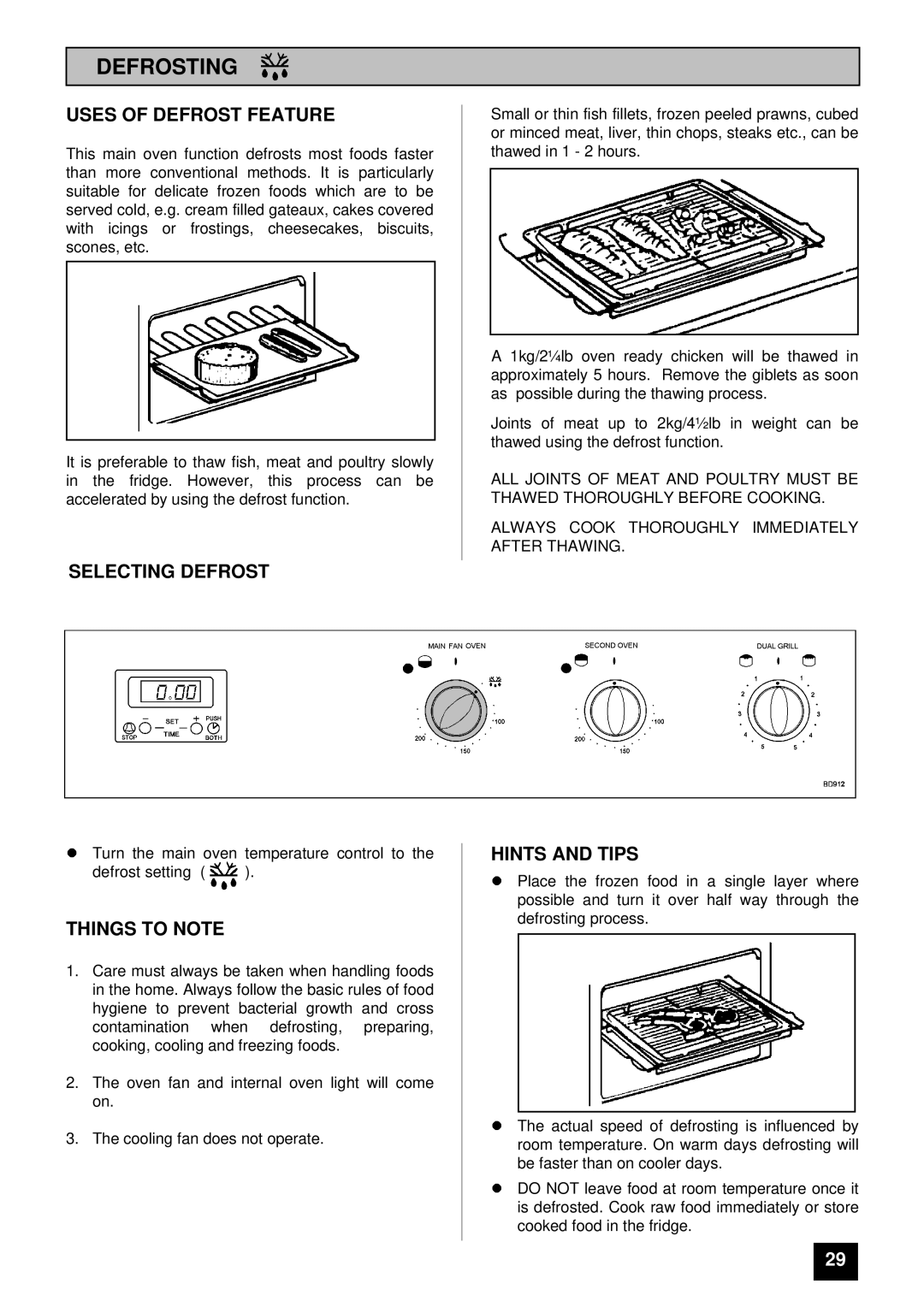 Tricity Bendix BD 912/2 installation instructions Defrosting, Uses of Defrost Feature, Selecting Defrost, Hints and Tips 