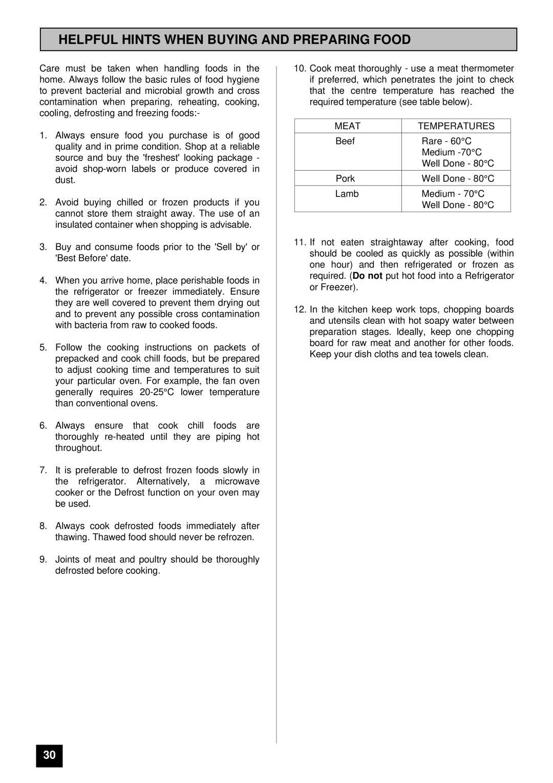 Tricity Bendix BD 912/2 installation instructions Helpful Hints When Buying and Preparing Food, Meat Temperatures 