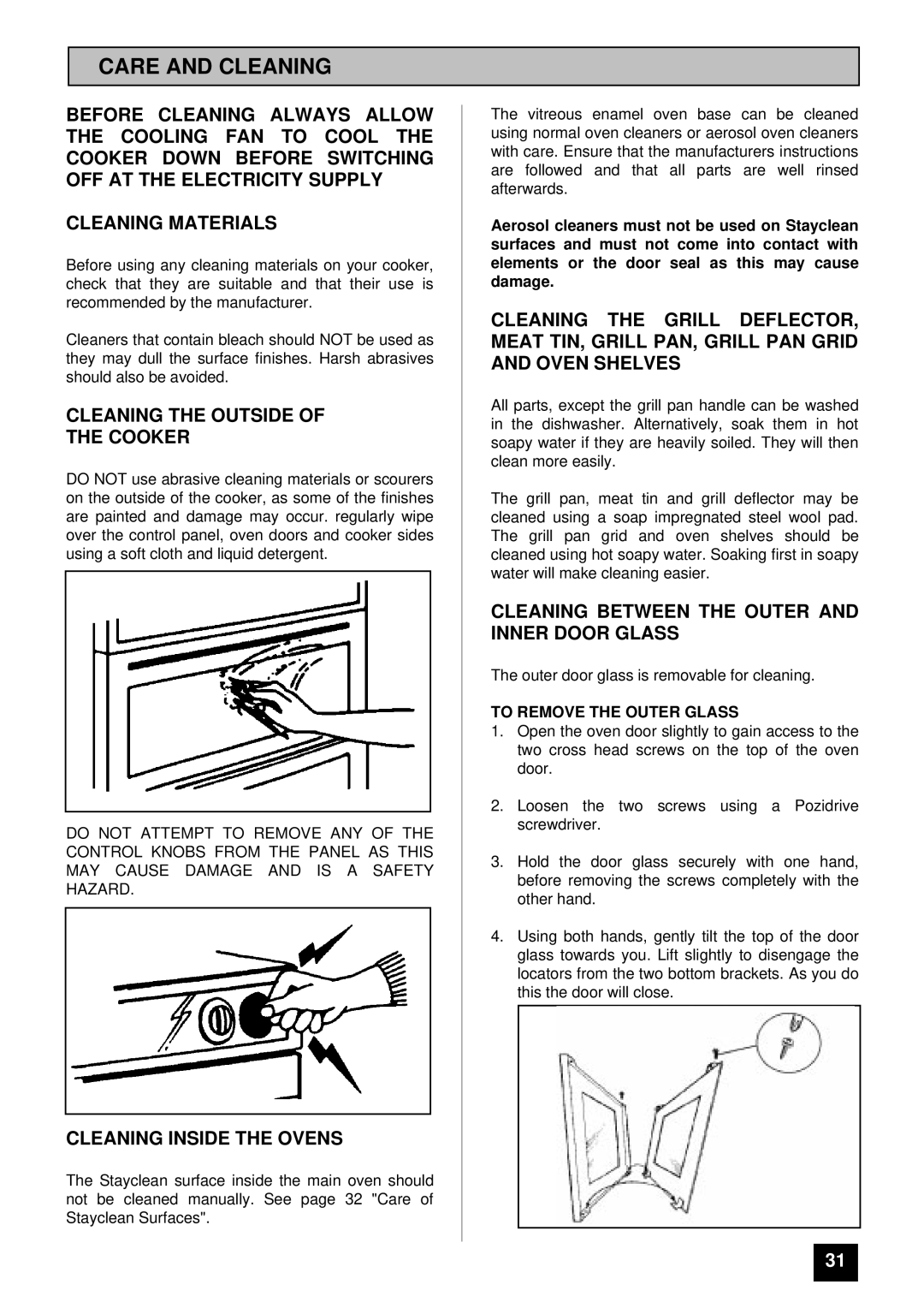 Tricity Bendix BD 912/2 installation instructions Care and Cleaning, Cleaning the Outside Cooker, Cleaning Inside the Ovens 