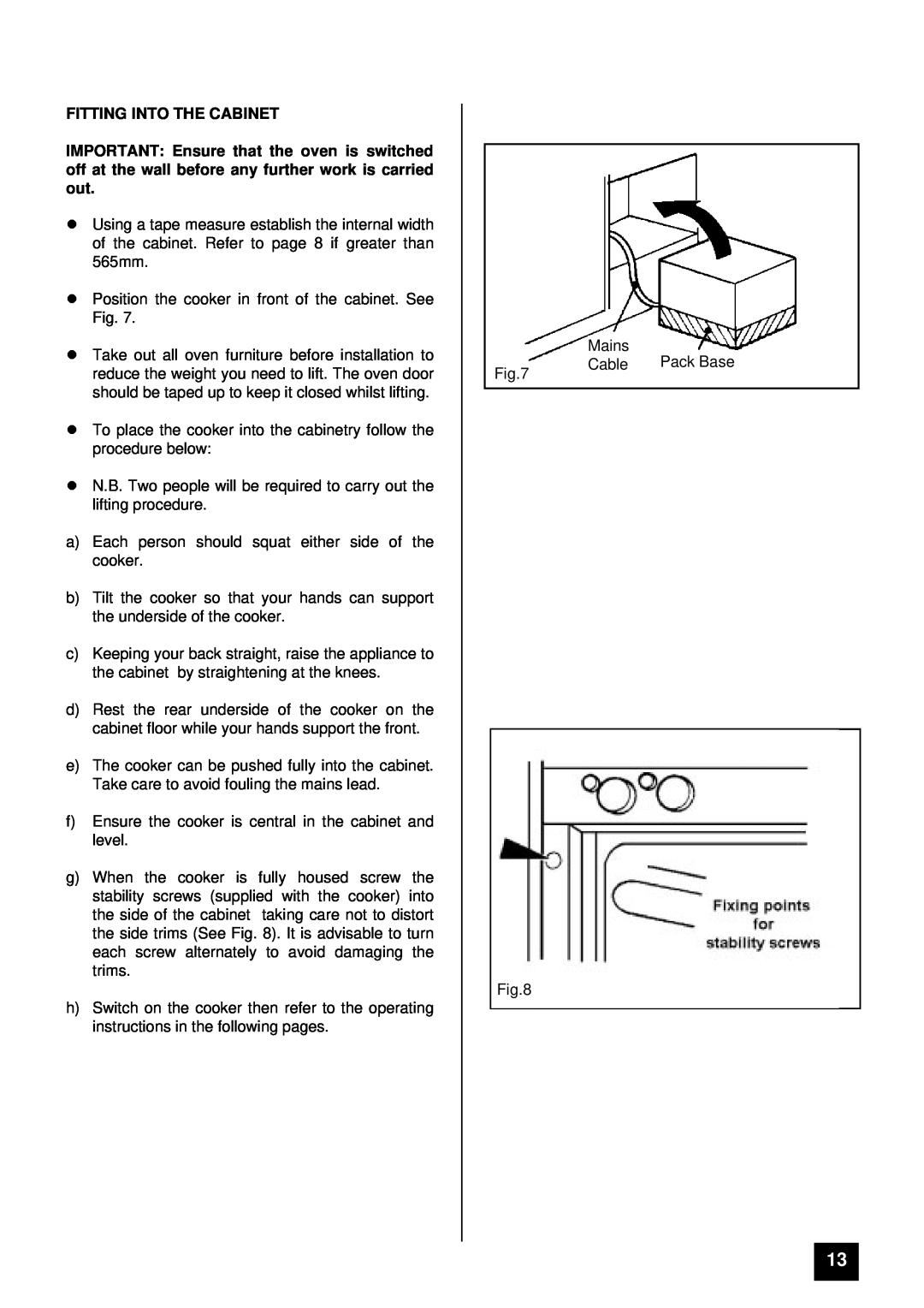 Tricity Bendix BD 912/2 installation instructions Fitting Into The Cabinet 