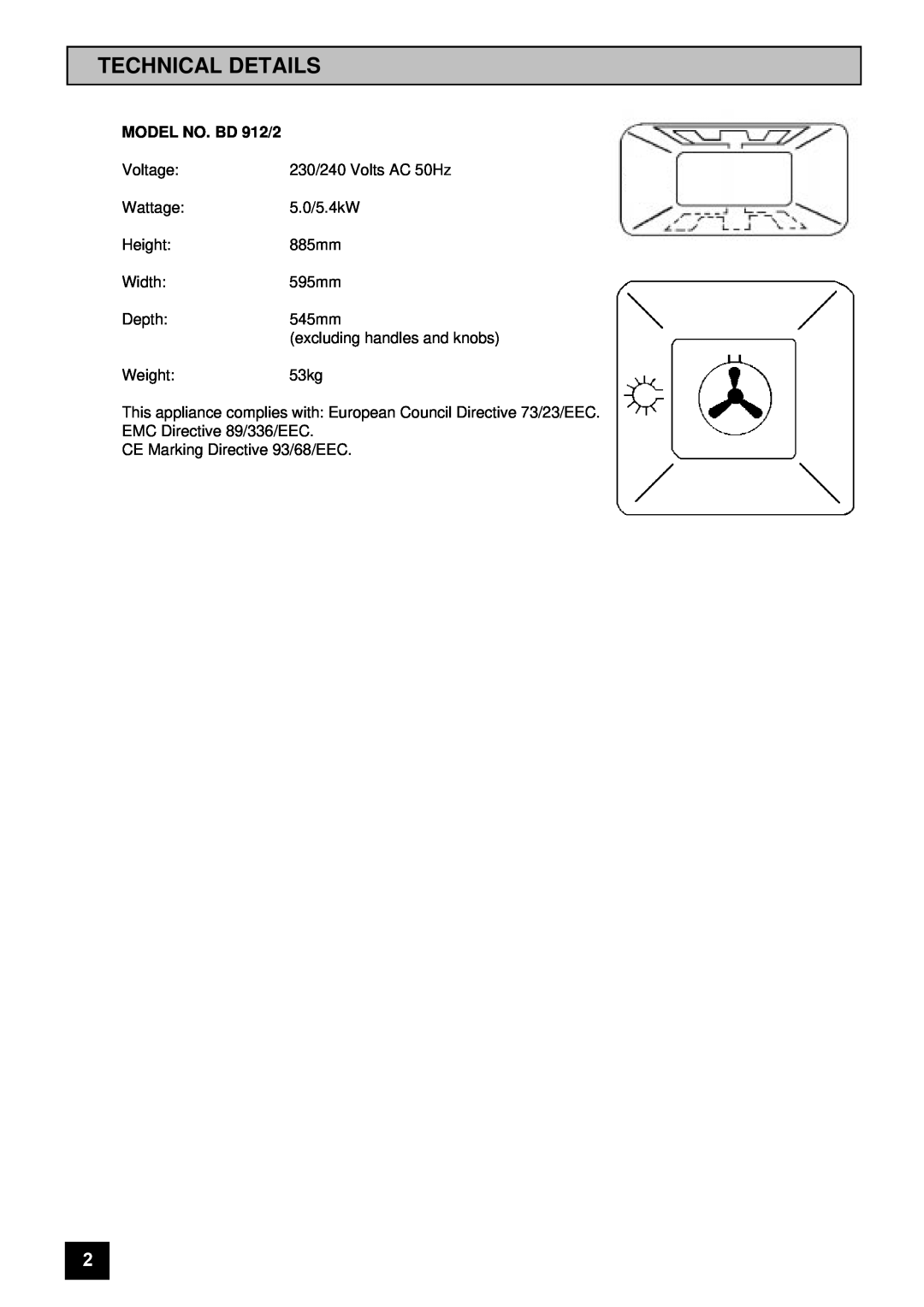 Tricity Bendix installation instructions Technical Details, MODEL NO. BD 912/2 