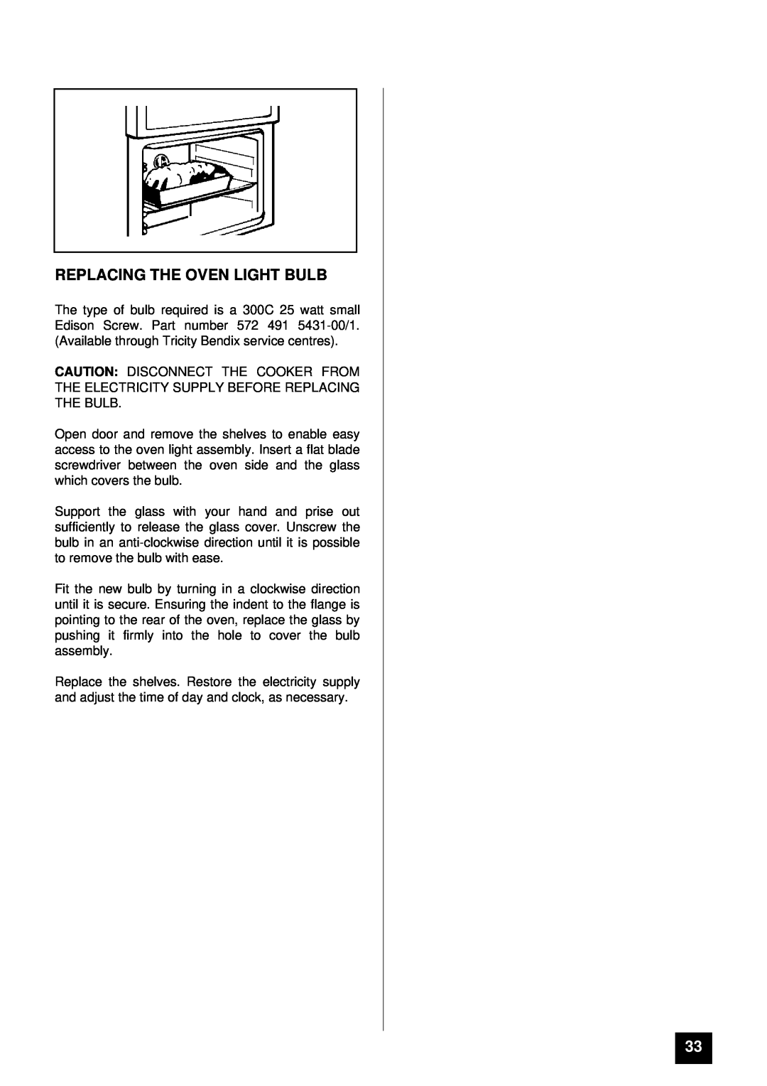 Tricity Bendix BD 912/2 installation instructions Replacing The Oven Light Bulb 