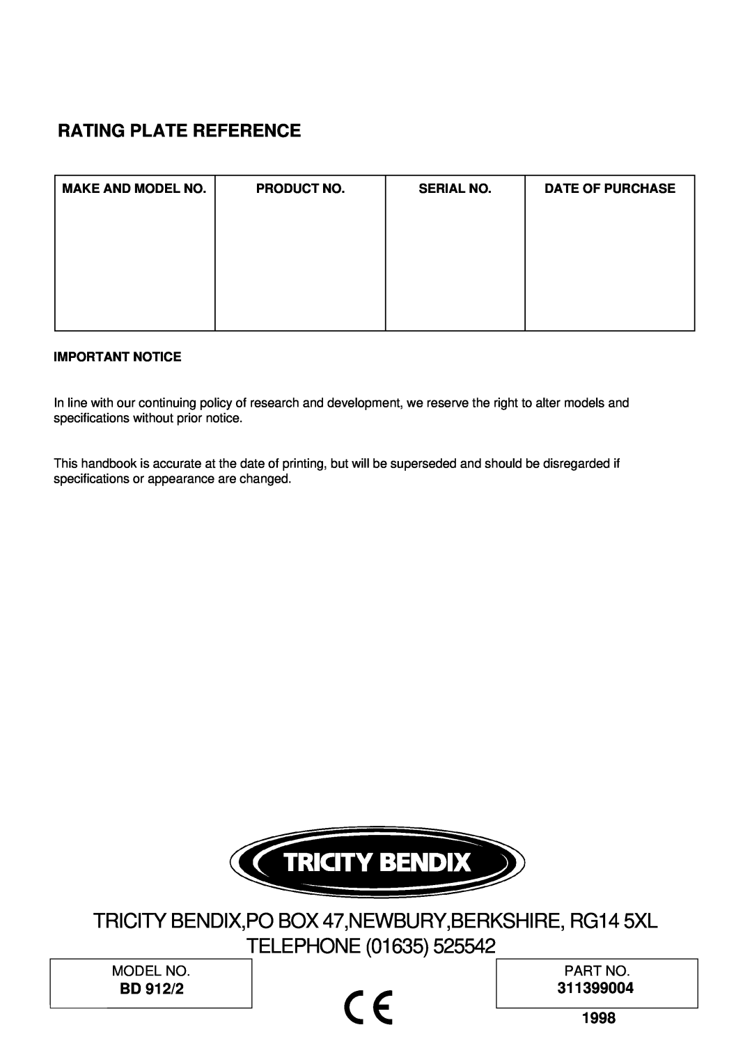 Tricity Bendix BD 912/2 Rating Plate Reference, 311399004, Telephone, Make And Model No, Product No, Serial No 